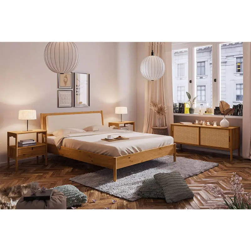 Zertifiziert Schlafzimmer Set 4-teilig PORI-165 mit Bett 160x200 in Wildeiche massiv geölt mit Polsterkopfteil