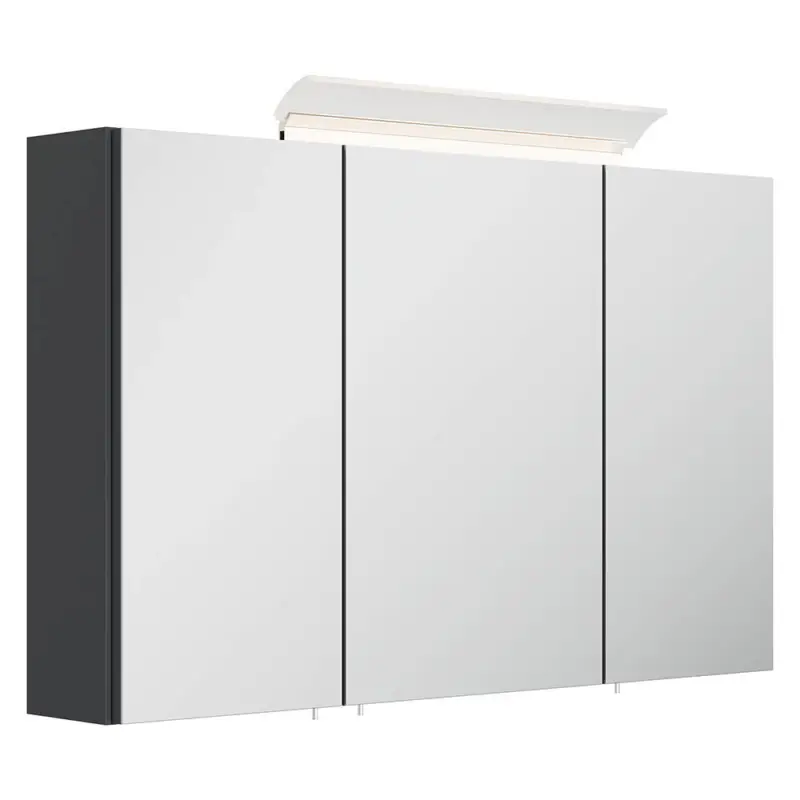 Zertifiziert Spiegelschrank 100cm, 3-türig, graut mit LED-Aufsatzleuchte BATLEY-02