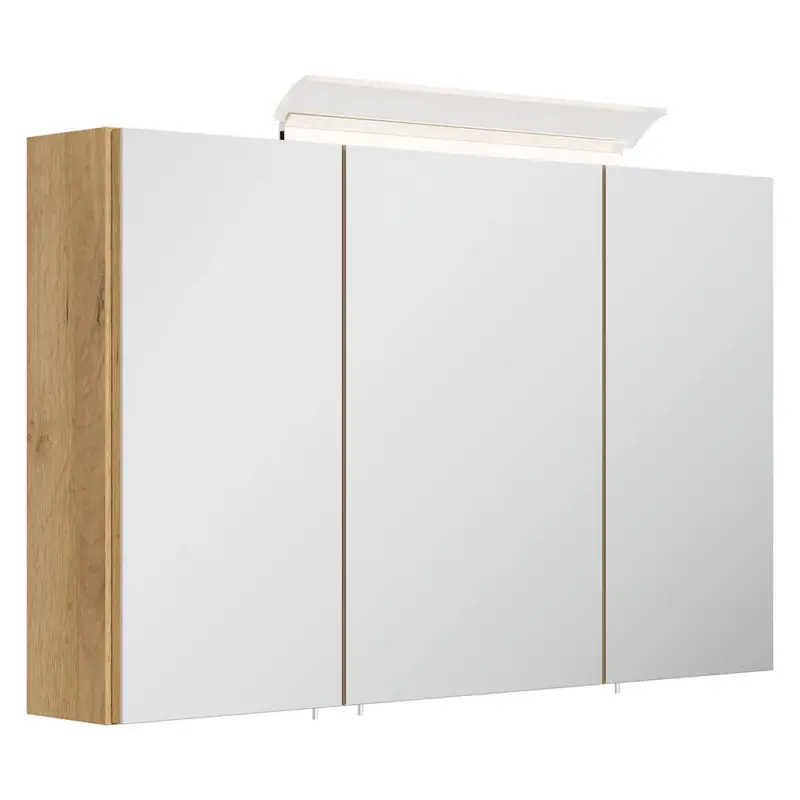 Spiegelschrank 120cm, 3-türig, Eiche mit LED-Aufsatzleuchte BATLEY-02 Neuheit