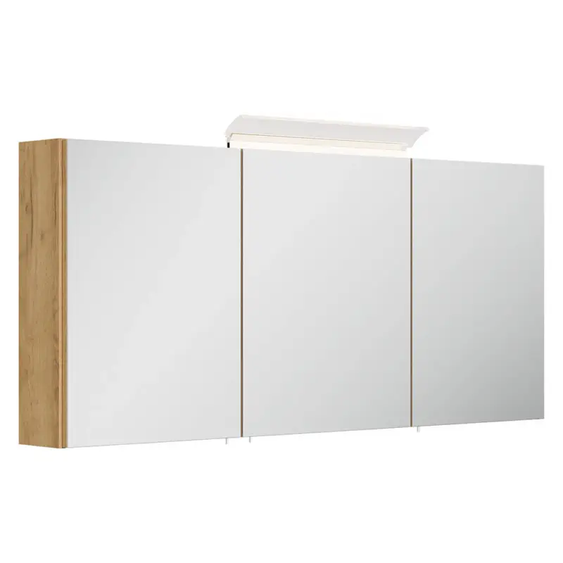 Markenprodukt Spiegelschrank 140cm, 3-türig, Eiche mit LED-Aufsatzleuchte BATLEY-02
