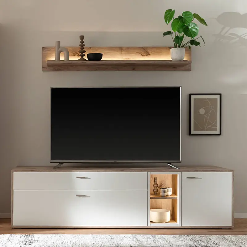 Wohnwand in Eiche und weiß modern mit LED-Beleuchtung, 2-teilig - SAGUNTO-05 Günstig
