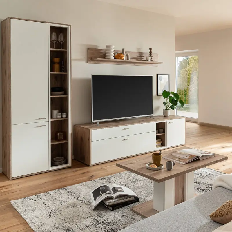 Wohnwand in Eiche und weiß modern mit Couchtisch, 4-teilig - SAGUNTO-05 Highlight