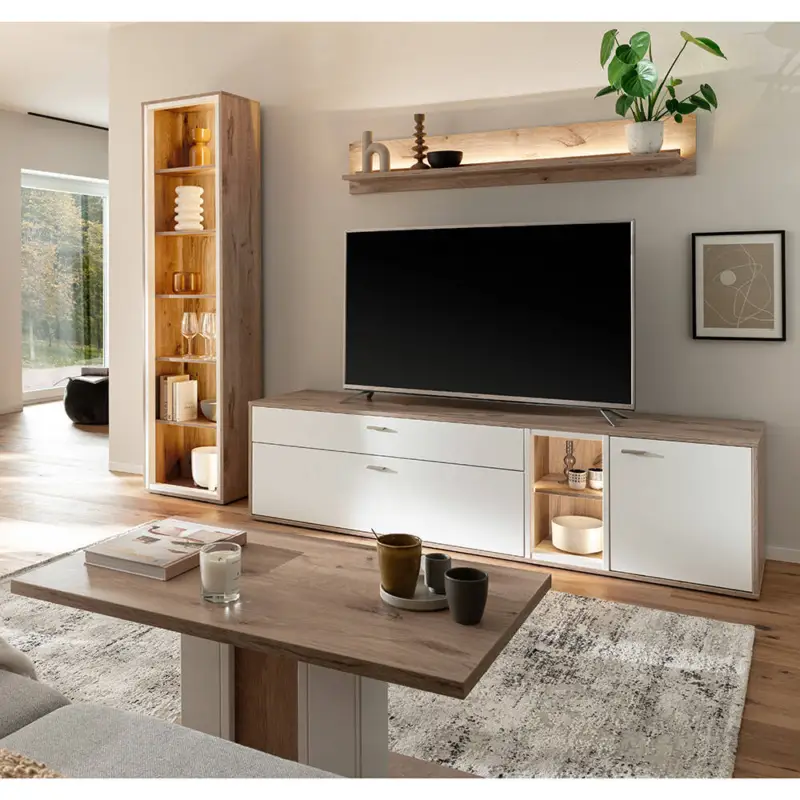 Preiswert Wohnwand in Eiche und weiß modern mit Couchtisch & LED-Beleuchtung, 4-teilig - SAGUNTO-05