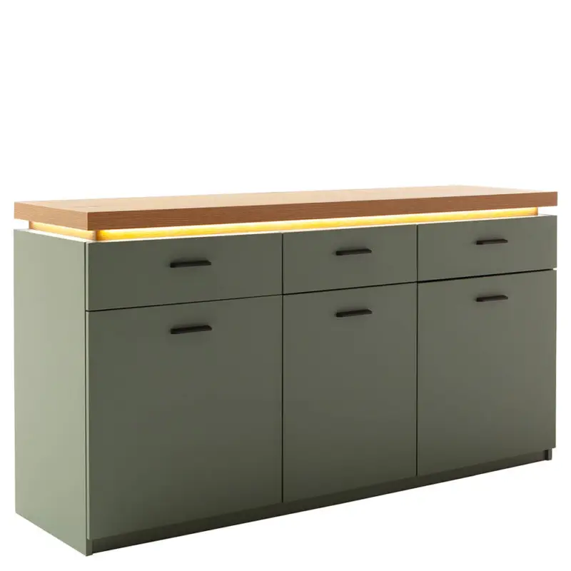 Abverkauf Wohnzimmer-Sideboard mit 156 cm Breite in Grün mit Eiche, 3 Türen, 3 Schubladen, LED-Akzentbeleuchtung - MOSTAR-05