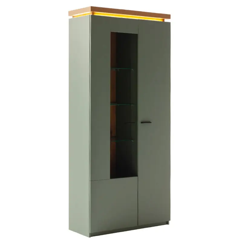Esszimmer-Vitrinenschrank mit 88 cm Breite in Grün mit Eiche, 2 Türen, Glaseinsatz, LED-Akzentbeleuchtung - MOSTAR-05 Nur Heute
