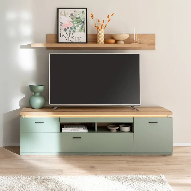 Abverkauf Wohnwand in Grün mit Eiche modern 195 cm mit Fernsehschrank, Wandregal, LED-Akzentbeleuchtung - MOSTAR-05