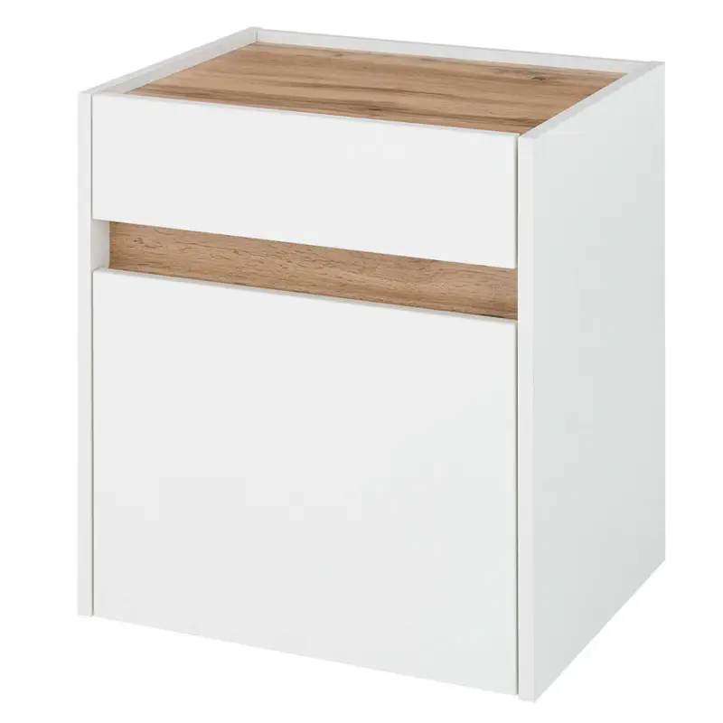 Solange Der Vorrat Reicht Schlafzimmer-Nachtkommode mit 50cm Breite in Weiß mit Eiche, mit 1 Tür und 1 Schubkasten - CRISP-61
