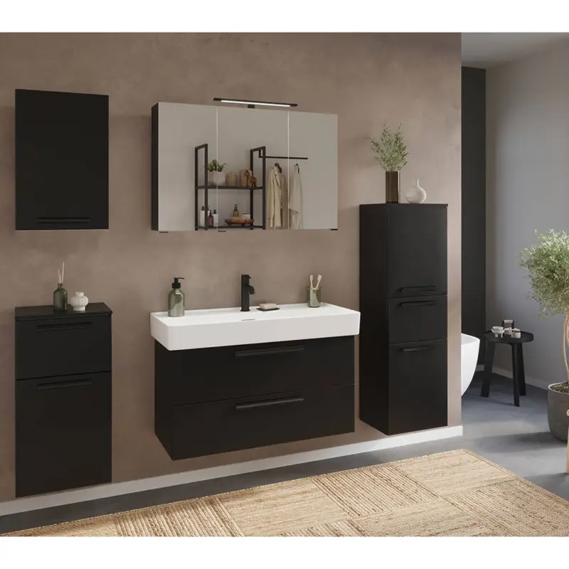 Zertifiziert Badmöbel Komplett Set in schwarz, Spiegelschrank, Midischrank, Hängeschrank und Unterschrank - ATELLA-03