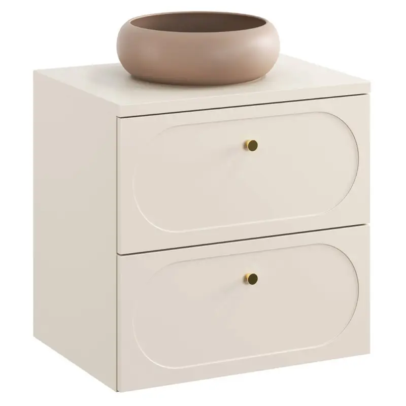 Abverkauf Waschtisch 60 cm in sandbeige mit Aufsatzwaschbecken, hängend mit goldenen Knopfgriffen - DESENZANO-56
