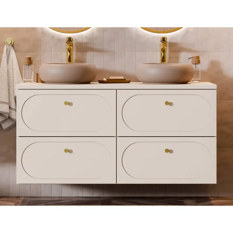 Abverkauf Doppelwaschtisch 120 cm in sandbeige mit 2 Aufsatzwaschbecken, hängend mit goldenen Knopfgriffen - DESENZANO-56