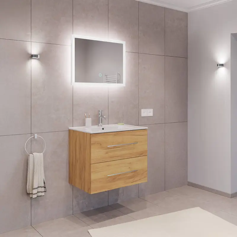 Abverkauf Badmöbel Set 2-teilig, Waschtisch 70cm breit mit Waschbecken und LED Spiegel, in Eiche - HARLINGEN-02