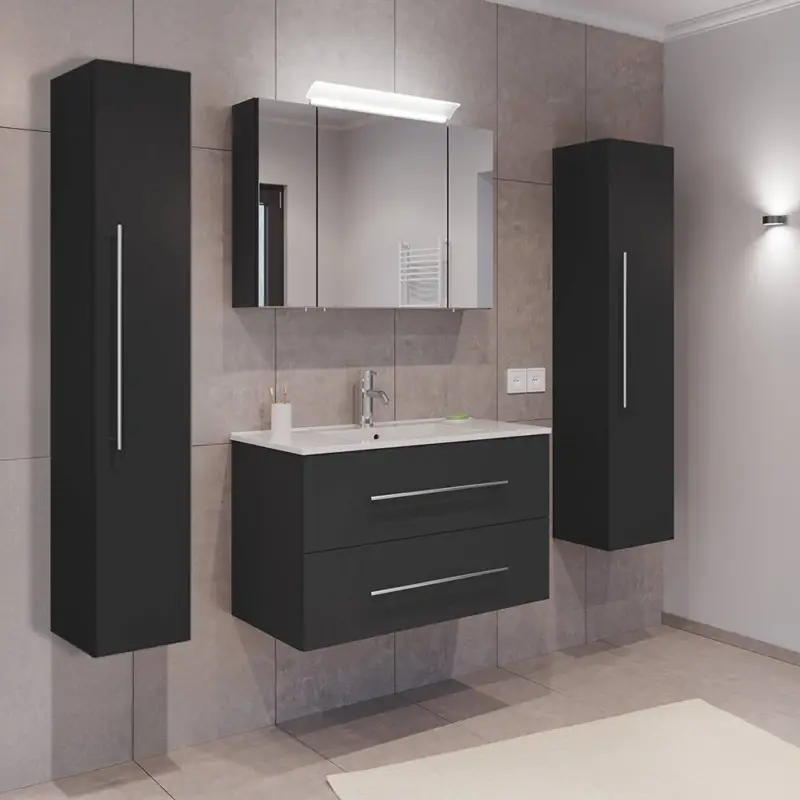 Badmöbel Set 4-teilig, Waschtisch 90cm breit mit Waschbecken und Spiegelschrank, in grau - HARLINGEN-02 Neu Im Sortiment