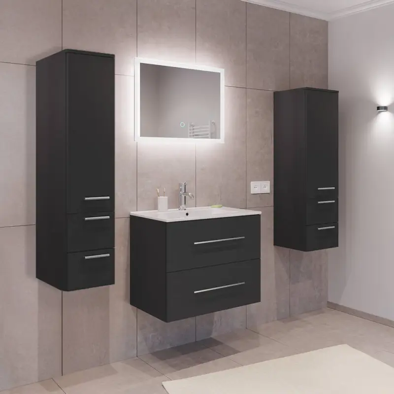 Badmöbel Set 4-teilig, Waschtisch 60cm breit mit Waschbecken und LED Spiegeln, in grau - HARLINGEN-02 Heißes Angebot