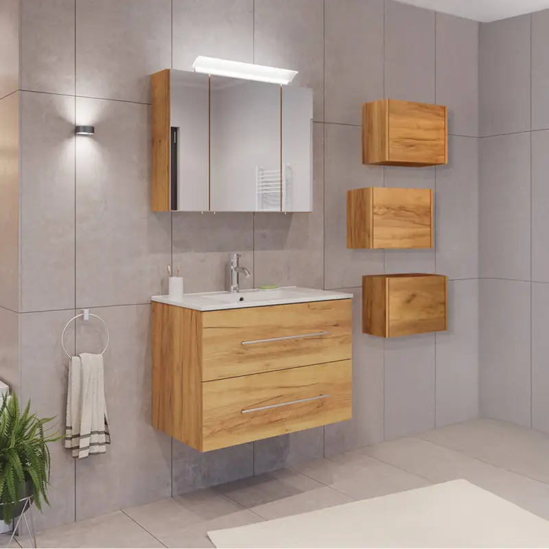 Top-Preis Badmöbel Set 5-teilig, Waschtisch 80cm breit mit Waschbecken und Spiegelschrank, in Eiche - HARLINGEN-02