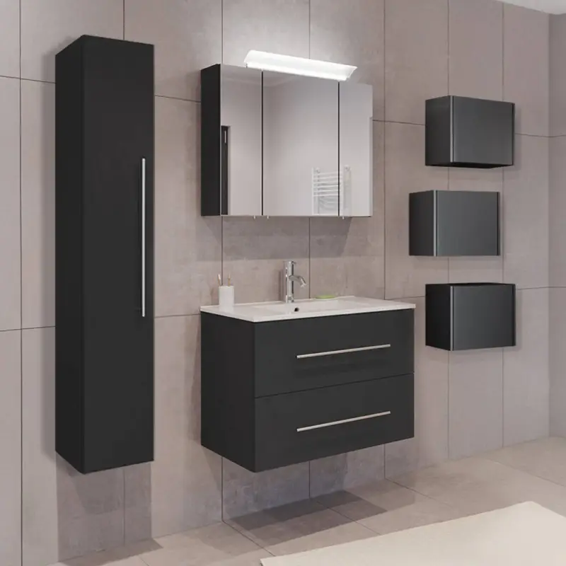 Angebot Badmöbel Set 6-teilig, Waschtisch 80cm breit mit Waschbecken und Spiegelschrank, in grau - HARLINGEN-02