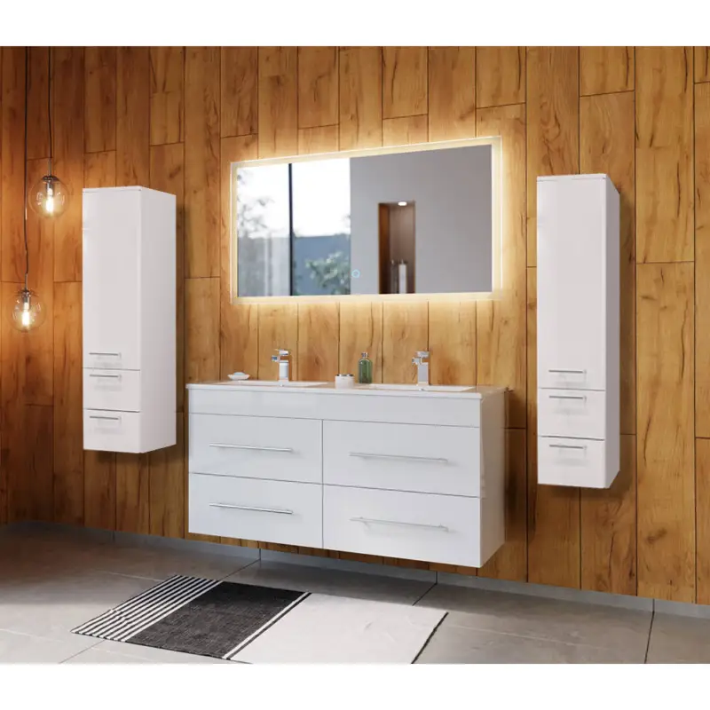 Knallerangebot Badmöbel Set 4-teilig, Doppel-Waschtisch 120cm breit mit Doppel-Waschbecken und LED Spiegel, in weiß - HARLINGEN-02