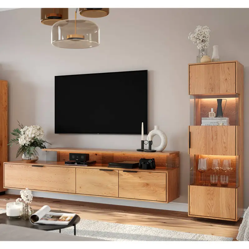 Sonderangebot Massivholz-Wohnwand in Eiche geölt mit LED-Beleuchtung, 2-teilig, vollständig montiert - TIVAT-163