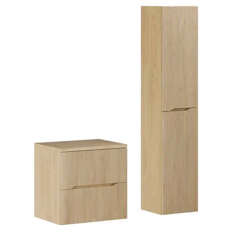 Expressversand Badmöbel-Set 2-teilig mit Waschtischunterschrank 60 cm und Hochschrank, in Eiche mit gerillter Front - NARPIO-56