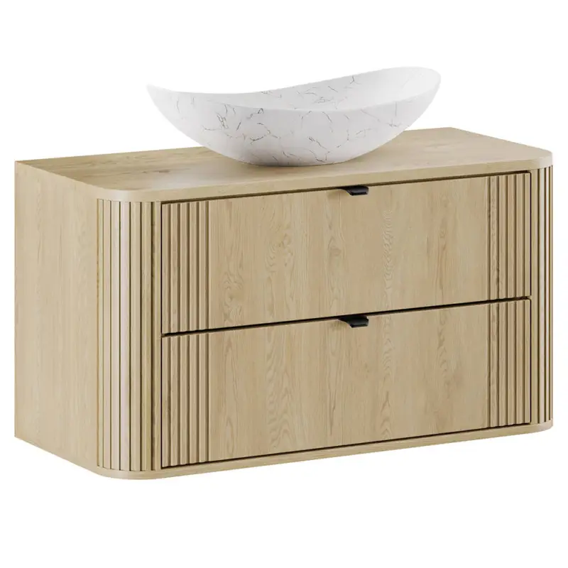Badezimmer-Waschtisch 100 cm breit in Eiche, Rillen, mit Aufsatzwaschbecken - OLIVA-56 Bestseller