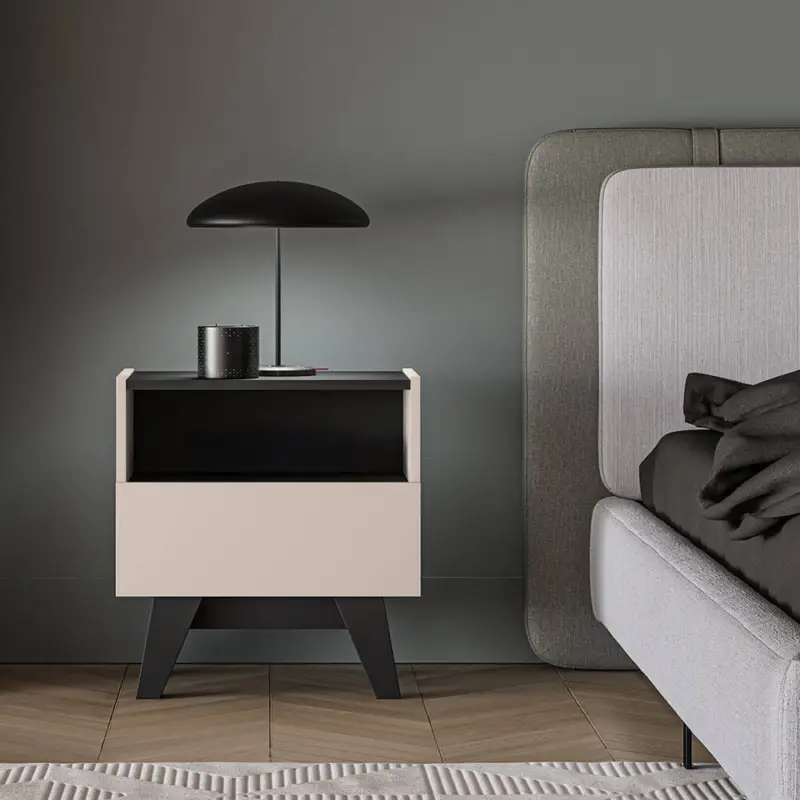 Abverkauf Schlafzimmer-Nachtkommode mit 50 cm Breite in kaschmir mit schwarz, 1 Schublade - FRIONA-131