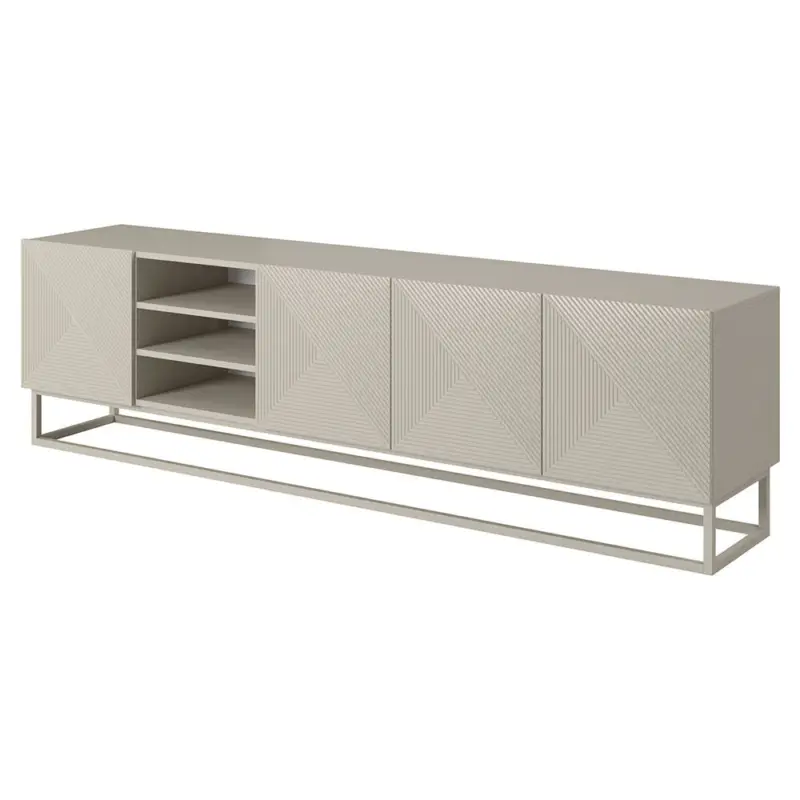 Zertifiziert Lowboard mit 200 cm Breite in kaschmir und Metallgestell, 3 offene Fächer und 4 Türen, gerillte Front - ADARE-141