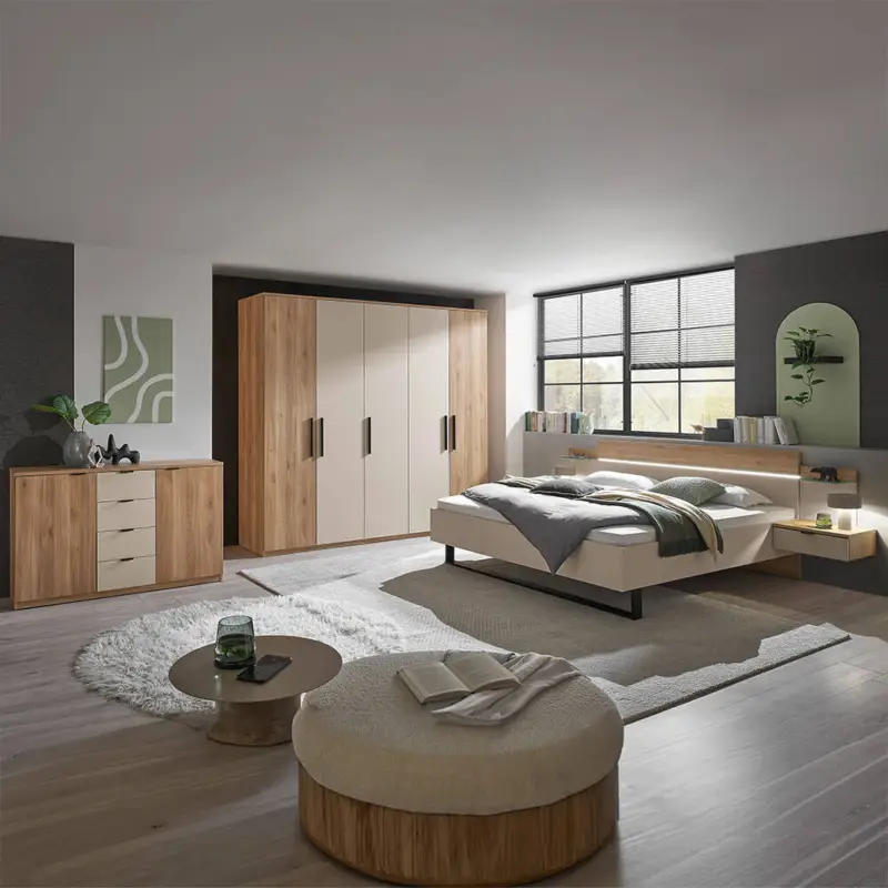 Schlafzimmer Komplett Set in Eiche mit kaschmir, Bettanlage 180x200cm mit Nako-Paneel - DAUSA-77 Begrenztes Angebot
