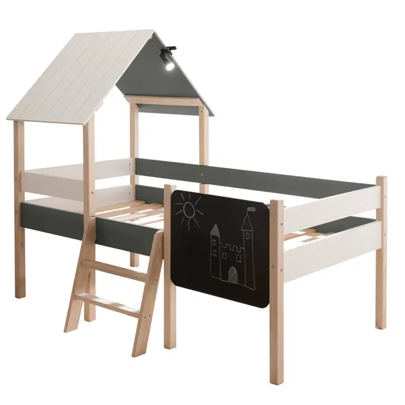 Abverkauf Kinder Hausbett 90x200 cm mit Kreidetafel und Lattenrost in Kiefer mit weiß und blau - KOONU-78
