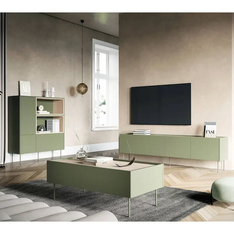 Wohnmöbel Set in olivgrün mit Eiche, 3-teilig, modern, grifflos, mit Metallfüßen - DELFT-141 Nur Heute