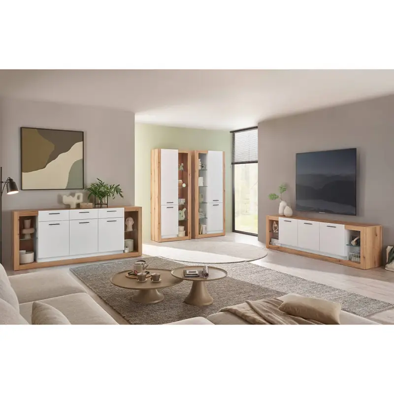 Begrenztes Angebot Wohnzimmer-Set mit Sideboard & 2 Vitrinenschränken in Eiche mit weiß matt, modern, 4 teilig BELLAGIO-61