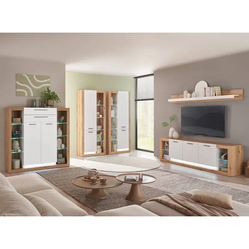 Jetzt Bestellen Wohnzimmer-Set mit Highboard & 2 Vitrinenschränken in Eiche mit weiß matt, inkl. LED Beleuchtung, modern, 5 teilig BELLAGIO-61