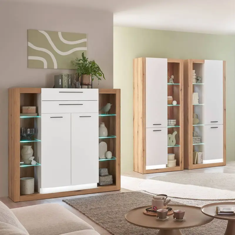 Zertifiziert Wohnzimmer-Set mit 2 Vitrinenschränken & Highboard in Eiche mit weiß matt, inkl. LED Beleuchtung, modern 3 teilig BELLAGIO-61