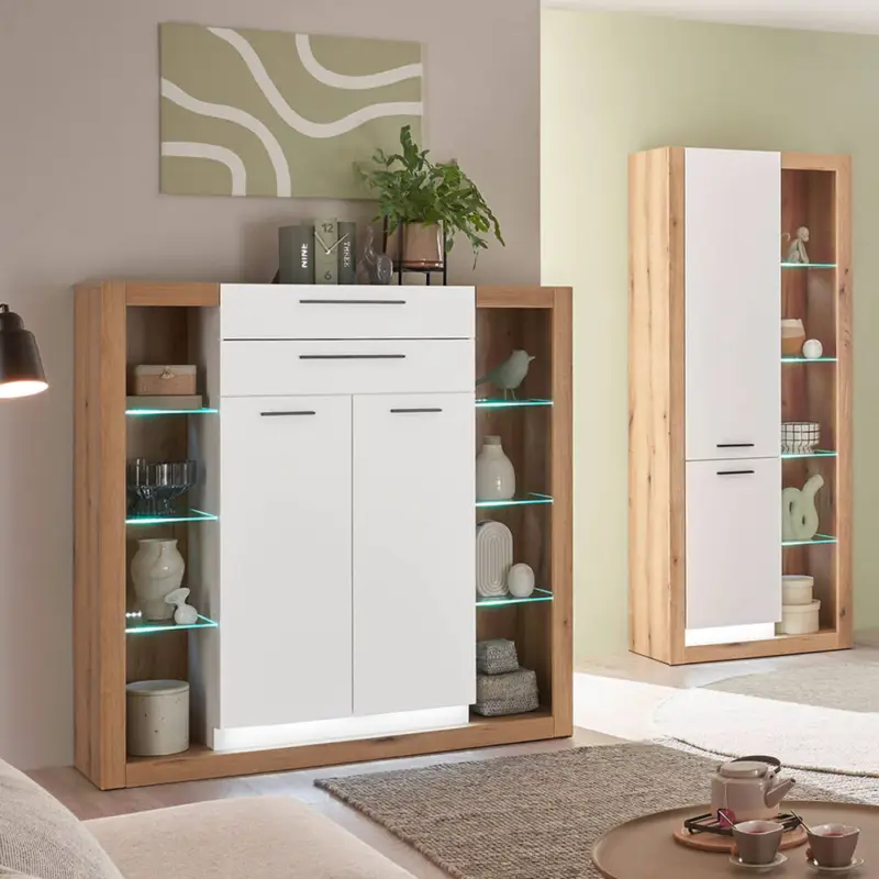 Abverkauf Wohnzimmer-Set mit Highboard & Vitrinenschrank in Eiche mit weiß matt, inkl. LED Beleuchtung, modern, 2 teilig BELLAGIO-61