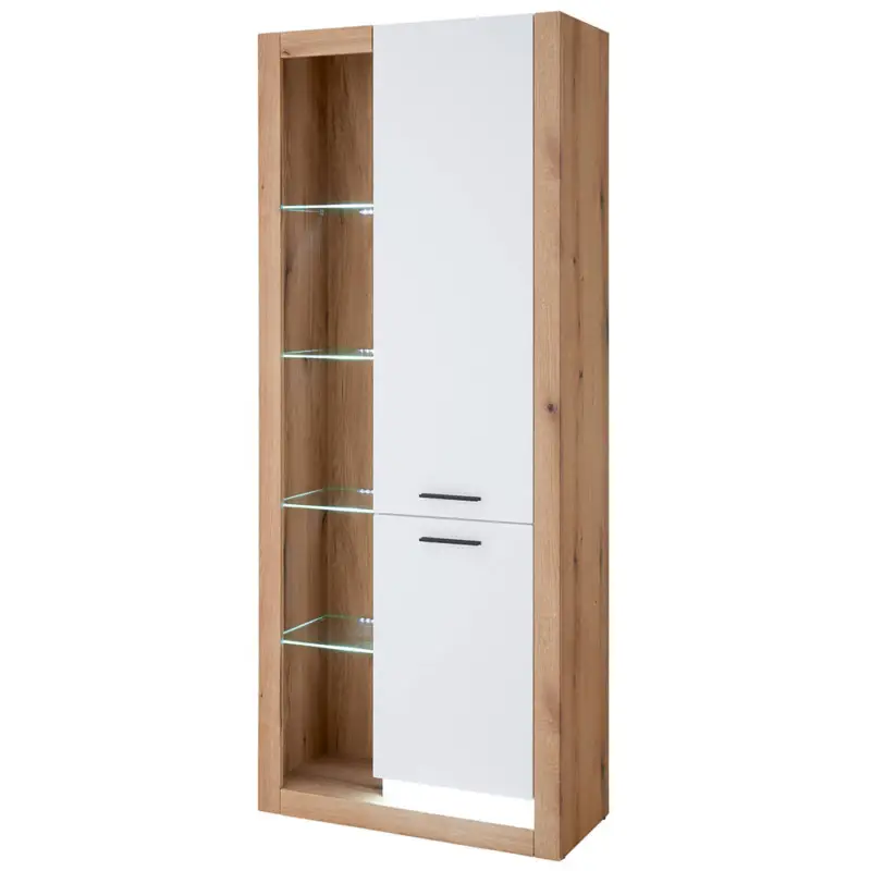 Bestpreis Wohnzimmer-Vitrinenschrank 80 cm breit in Eiche mit weiß matt, 2 Türen, Glaseinlegeböden, LED Beleuchtung BELLAGIO-61