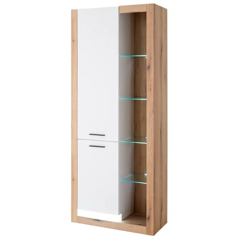 Wohnzimmer-Vitrinenschrank 80 cm breit in Eiche mit weiß matt, 2 Türen, Glaseinlegeböden, LED Beleuchtung BELLAGIO-61 Neu Im Sortiment
