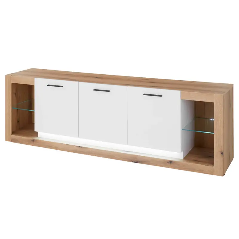 Top-Seller Wohnzimmer-Lowboard 198 cm breit in Eiche mit weiß matt, 3 Türen, Glaseinlegeböden, LED Beleuchtung BELLAGIO-61