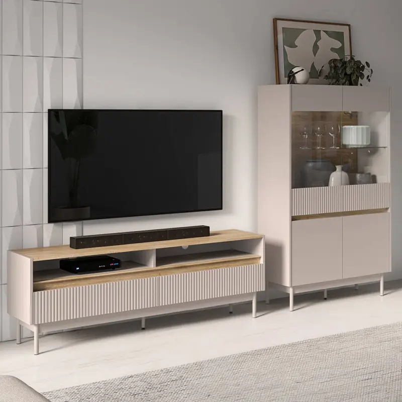 Wohnwand 260 cm breit in kaschmir mit Eiche, inkl. LED Beleuchtung, Lowboard, Highboard, 2-teilig - DINAR-131 Zertifiziert