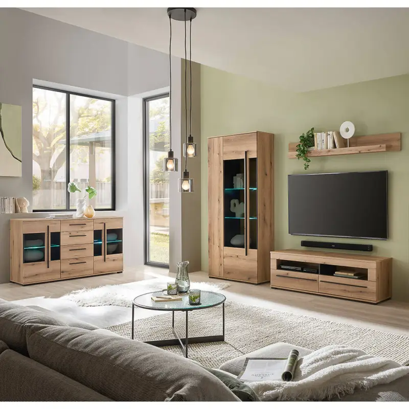 Neue Kollektion Wohnwand mit Sideboard, Vitrine & Lowboard in Eiche mit LED Beleuchtung, 4 teilig COLORADO-61