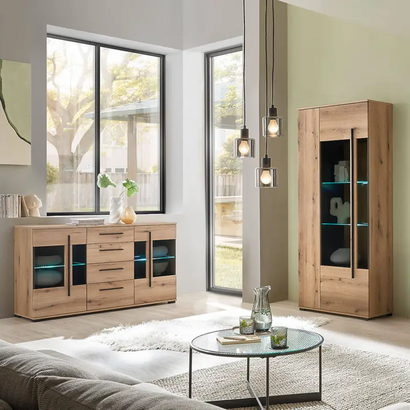 Abverkauf Sideboard & Vitrine in Eiche mit LED Beleuchtung, 2 teilig COLORADO-61