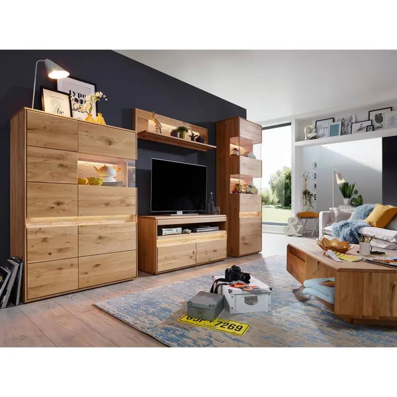 Aktuell Wohnwand in Eiche massiv geölt mit Couchtisch, Lowboard, Vitrinen & LED-Beleuchtung, 5-teilig - WELLAND-69