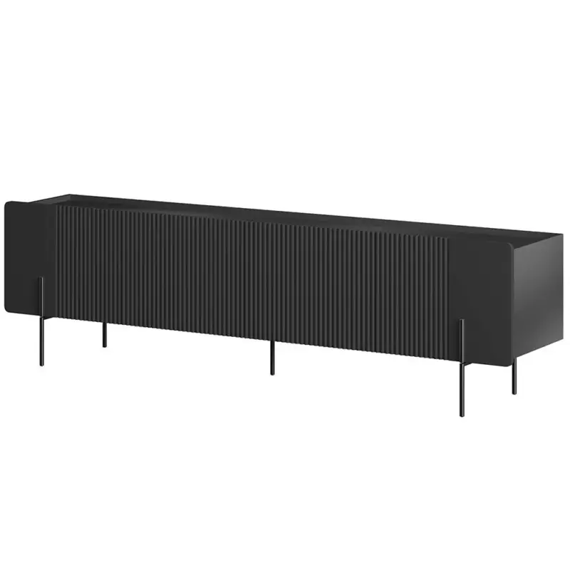 Wohnzimmer Lowboard 200 cm breit in Schwarz mit Rillenfront, grifflos & schwarzem Metallgestell – MEAFORD-141 Echt