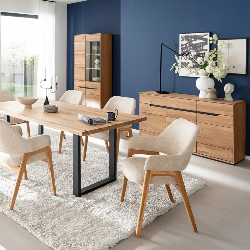 Esszimmer-Set in Eiche teilmassiv mit Esstisch, Vitrine, Sideboard & Beleuchtung, 3-teilig - AVESTA-06 Sale