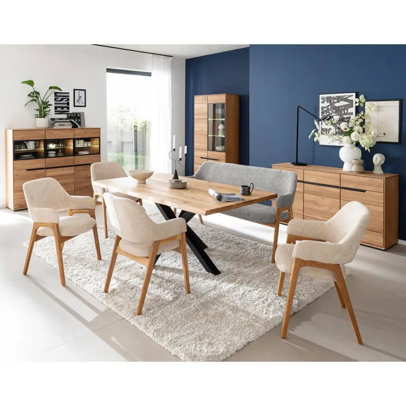 Abverkauf Esszimmer-Set in Eiche teilmassiv mit Esstisch, Vitrinenschränken, Sideboard & Beleuchtung, 4-teilig - AVESTA-06