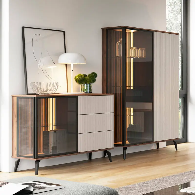 Wohnzimmer Set in Eiche mit Beige, Kommode & Highboard Vitrine inkl. LED Beleuchtung, 2-teilig - VIC-160 Abverkauf