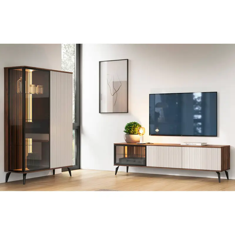 Super-Preis Wohnzimmer Set in Eiche mit Beige, 180 cm Lowboard, Highboard, inkl. LED Beleuchtung, 2-teilig - VIC-160