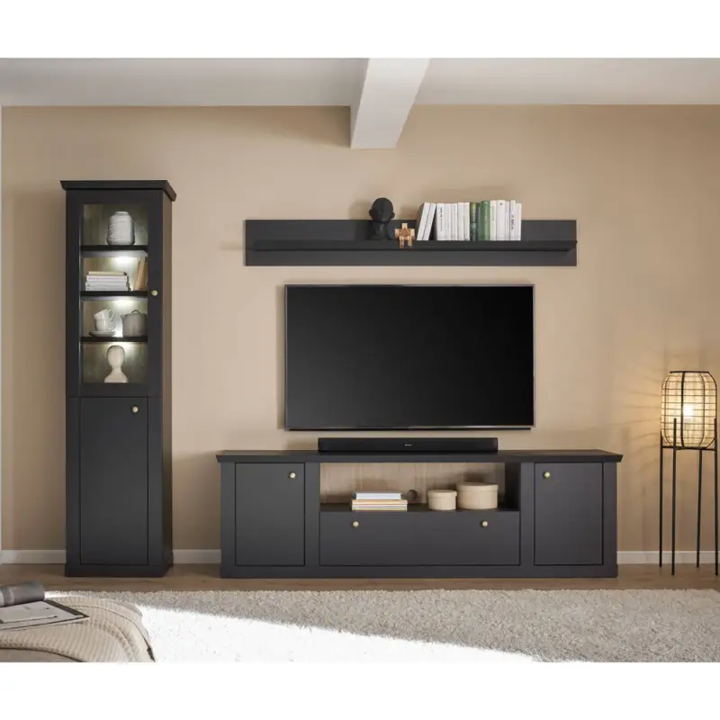 Wohnzimmer Set mit Vitrine & Lowboard & Wandboard mit Beleuchtung in Schwarz matt, 3-teilig - LORETA-61 Saisonangebot