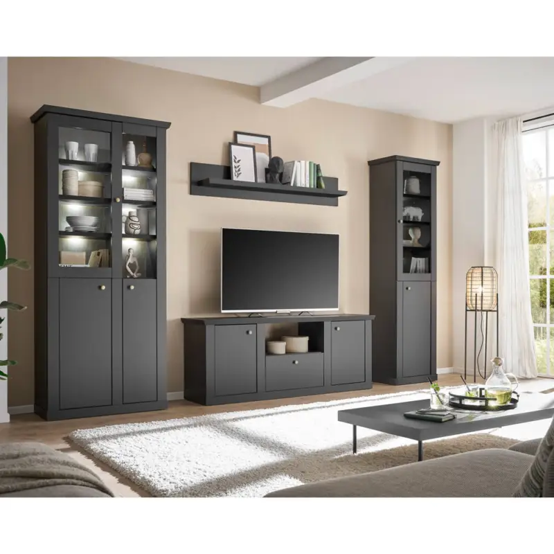 Wohnzimmer Set mit 2 Vitrinenschränken & Lowboard & Wandboard inkl. Beleuchtung, in Schwarz matt, 4 -teilig - LORETA-61 Jetzt Bestellen