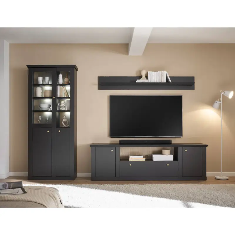 Wohnzimmer Set mit Vitrinenschrank & Lowboard & Wandboard inkl. Beleuchtung, in Schwarz matt, 3-teilig - LORETA-61 Rabatt
