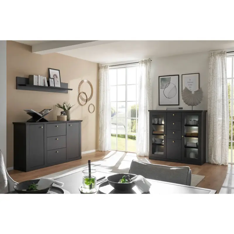 Esszimmer Set mit Sideboard & Wandboard & Highboard Vitrine inkl. Beleuchtung, in Schwarz matt, 3-teilig - LORETA-61 Saisonangebot