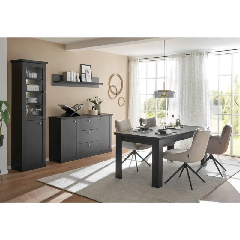 Zertifiziert Esszimmer Set mit Vitrine & Sideboard & Wandboard & Esstisch inkl. Beleuchtung, in Schwarz matt, 4-teilig - LORETA-61