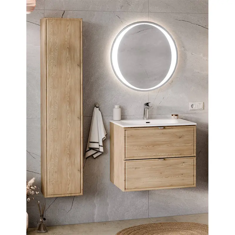 Badmöbel-Set 3-teilig mit 60 cm Waschtisch & LED-Spiegel in Eiche - TEMUCO-56-CREMONA Knallerangebot